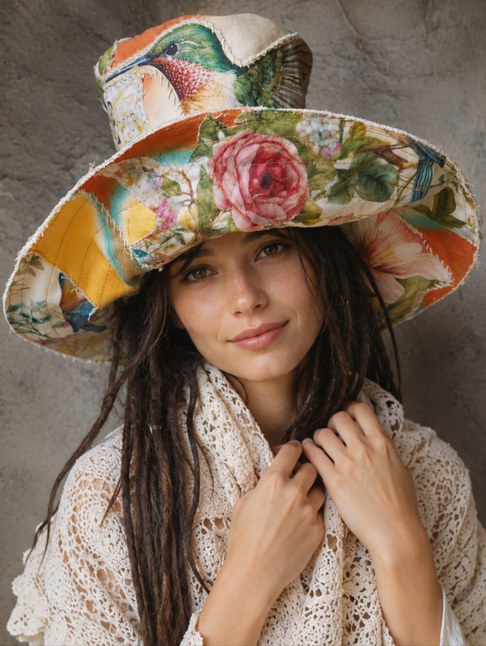 Tophat Stovepipe Hat Rose Botanical Appliqué Bird Patched Cotton Cottage-core